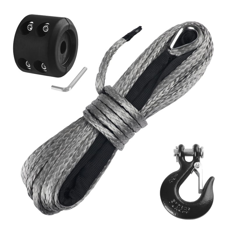 Ucreative 1/4 Inch x 50 Feet Synthetic Winch Rope 10 000LBs Line Cable with Hook and Stopper for ATV UTV (Gray) - Image 1